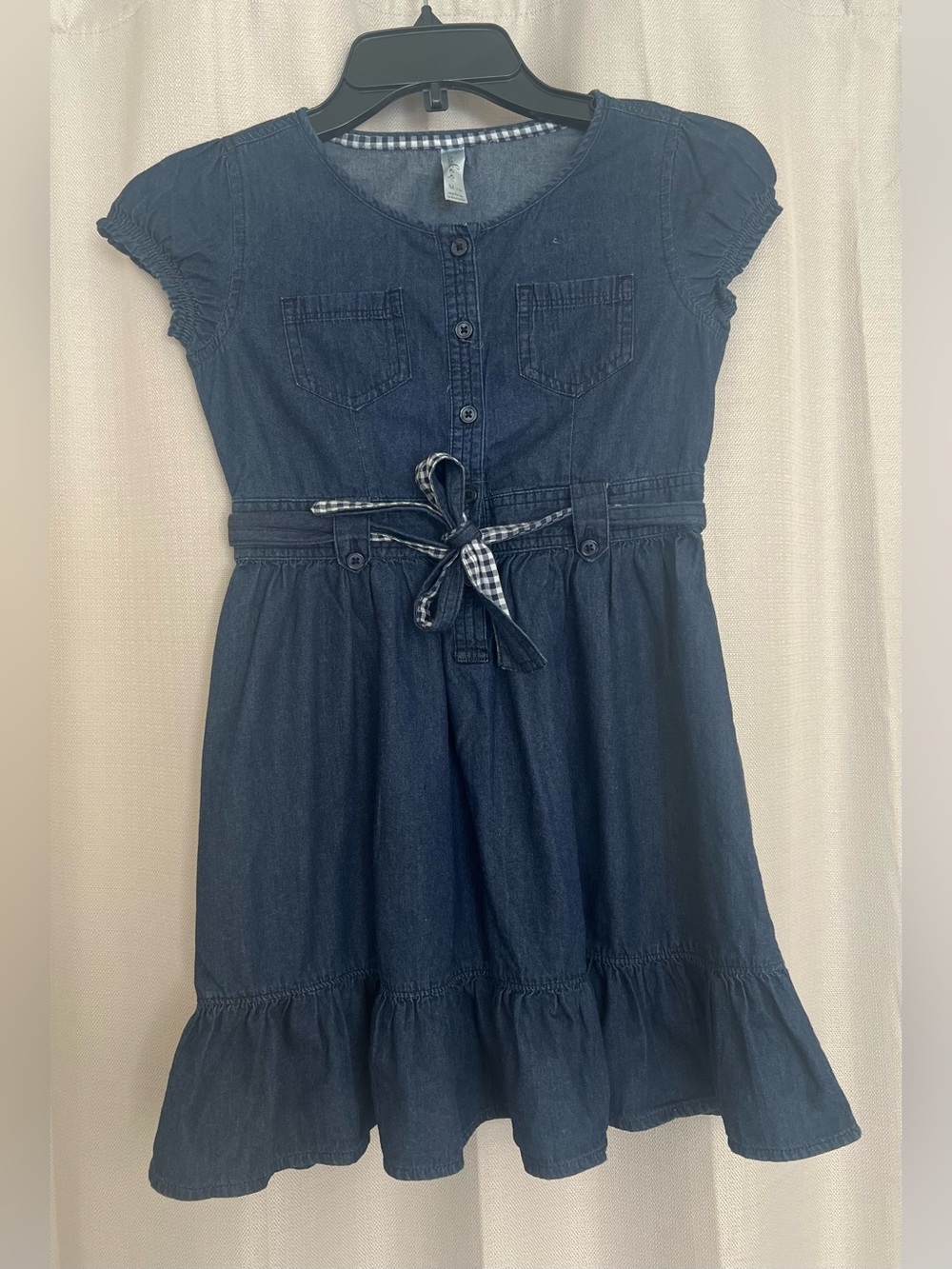Cherokee Girls Denim Chambray Dress Gingham Tie Waist Size M 7/8